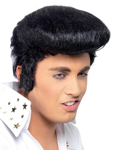 Smiffys Peluca deluxe de Elvis, Negra, con tupé alto y patillas Halloween, Carnaval