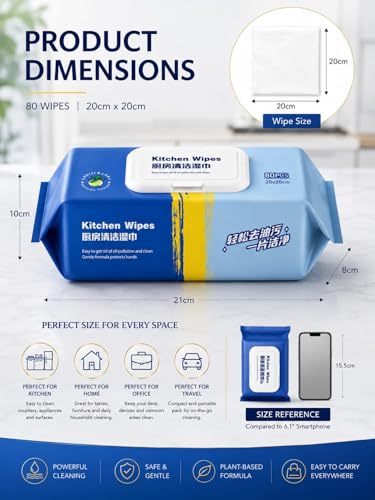 Image of Kitchen Wipes for Cleaning Oil and Grease Thick Non Woven Cleaning Wet Wipes for Platform Countertop Slab and Utensils with Resealable Lid Large Size 20x20 cm Pack of 80 Wipes