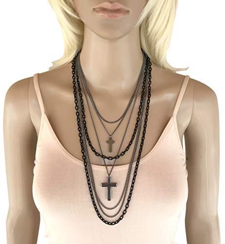 Dragonweave Jewelry Deluxe Gothic Crosses Retro 80 Madonna Multilayer Black & Gunmetal Chain Long Multi Strand Necklace #TOP1