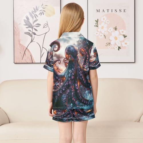 ALAZA Dark Octopus Fish Ocean Satin Pajamas Set Short Sleeve Button Down Sleepwear Summer Pjs 2 Piece4