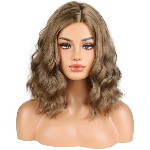 Image of BERON Ash Blonde Side Part Short Curly Wave Wig for Women Girls Blond Shoulder Length Wavy Heat Resistant Synthetic Wigs Cosplay Party or Daily Use