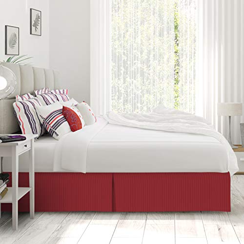 Image of Nestl Full Size Bed Skirt - Damask Dobby Stripe Wrap Around Bed Skirt Full Size - Double Brushed Microfiber 14 in Tailored Drop Pleated Bed Ruffle with Bed Skirt Pins - Red