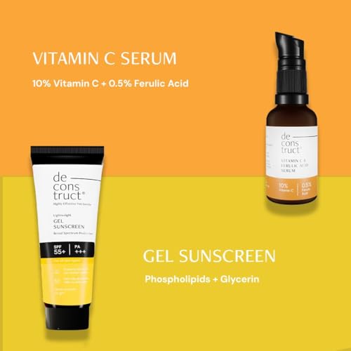 Image of Deconstruct Sun Protect Duo | 10% Vitamin C Face Serum (30 ml) + Gel Sunscreen (50 g) | Get Glowing Skin with Sun Protection | Vitamin C serum For Oily Skin | SPF 50+ | No White Cast, Non Irritating & Lightweight (Pack of 2)
