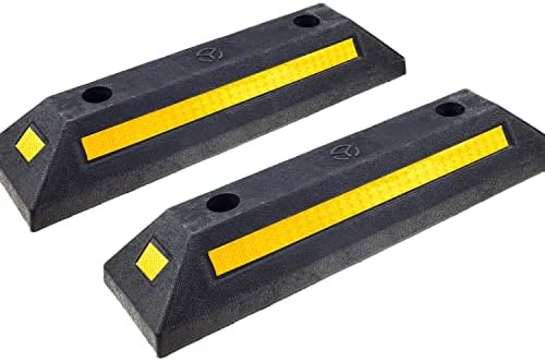 Genubi Industry Rubber Curb, Black Heavy Duty Parking Blocks Parking Target with Yellow Refective Stripes, Wheel Stop Stoppers for Car, Truck, RV, Trailer, and Garage, 2 Pack Professional Grade