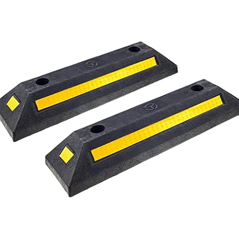 2er Gummi Parkbegrenzung,Schwerlast Parkblöcke Parkplatzbegrenzung,Schwarz Randstein Parken Ziel mit Gelb Reflektierende Streifen,Rad Halt Stopper Parkplatzsperren für Auto Cover