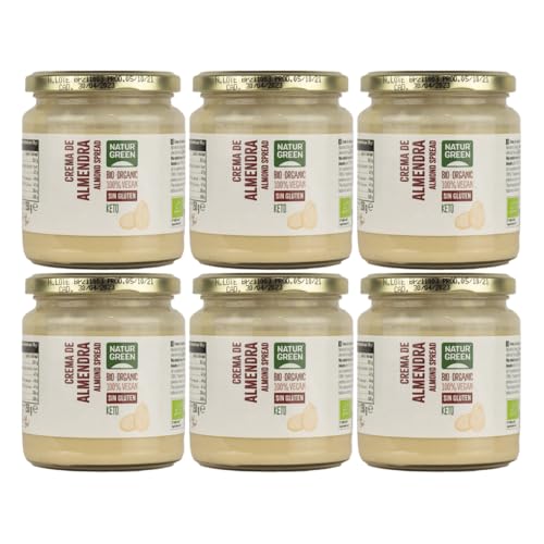 NaturGreen - Crema de Almendra Bio, Pack 6 x 250 g, Crema Untable 100% Almendras Ecológicas, Fuente de Proteína Vegetal y Fibra, Sin Gluten ni Azúcares Añadidos