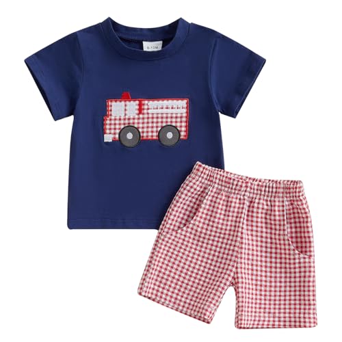Image of 4th Of July Toddler Boy Outfit Popsicle American Flag T-Shirt and Gingham Plaid Shorts Set Independence Day Clothes