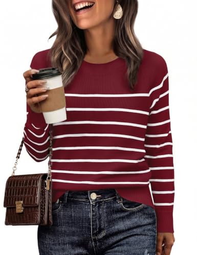 Image of Gyabnw Women's Striped Sweater Crew Neck Long Sleeve Knit Pullover Burgundy