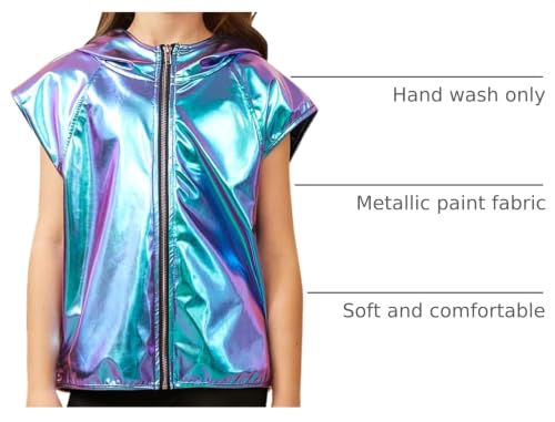 Image of Jxstar Girls Metallic Hoodie Vest Kids Shiny Zip Up Outfit Sleeveless Disco Shirt with Pocket