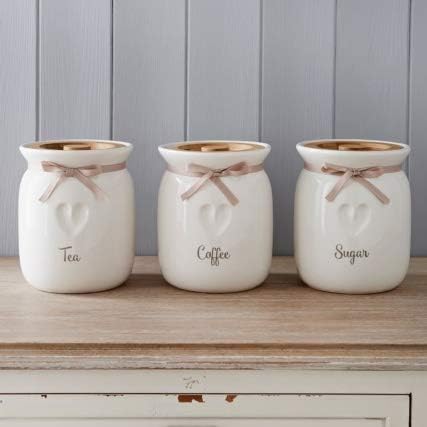 Large Canisters/Jars Set Tea Coffee Sugar Ceramic Canisters Engraved Heart Kitchen Storage Jars Set Set of 3 with Wooden lid and Ribbon Kitchen Organisation Ideal for Gift to Love One's