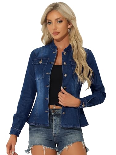 Allegra K Casual Denim Jacket for Womens Classic Stand Collar Long Sleeve Jean Jacket X-Large Dark Blue