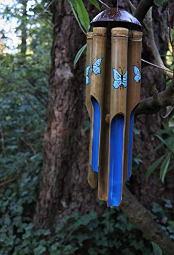 Cohasset Gift & Garden Blue Butterfly: Medium 38 inch Bamboo Wind Chimes with Beautiful Sound Wooden Wind Chimes for Outside Decor Deep Tone Outdoor Windmill and Wood Wind Chimes Ideal Retirement Gift