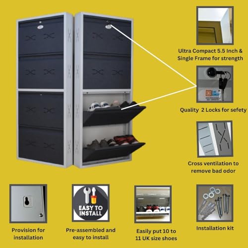 Image of I Metal Shoe Rack I Double Lock I Double Lock I Slim and Wall Mounted I 4 Shelve (Grey Colour) I Coad LC 2M-04 GR I Height 58 Inches, Width 24 Inches, Depth 5.5 InchesI 3 Years Warranty.