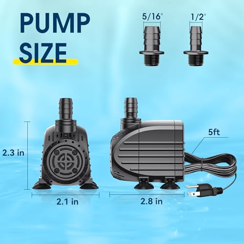 Image of Ultra Quiet Submersible Water Pump 120GPH Size 2.8Lx2.1Wx2.3H in | Water Pump with Dry Burning Protection, 5ft Cord, 3ft High Lift for Fountains, Waterfall, Hydroponics, Aquariums KF202