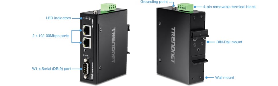Image of TRENDnet 1-Port Fast Ethernet Industrial Modbus Gateway, 1 x Serial DB-9 Port, 2 x Fast Ethernet Ports, Up to 100m (328 ft), IP30 Rated Housing, Extreme Temperature Protection, Black, TI-M12