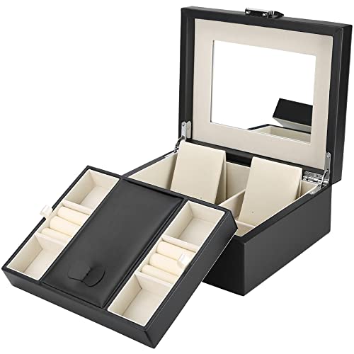 ProCase Boîte à bijoux pour femmes et filles, étui de rangement à deux couches en cuir synthétique avec miroir pour colliers, boucles d'oreilles, bracelets, bagues, montres – Noir