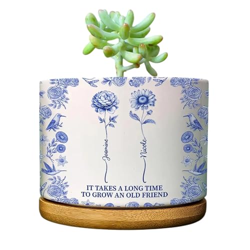 LASFOUR Personalized It Takes A Long Time to Grow an Oldfriend Flower Pot Personalized Birth Flower Plant Pot Toile de Jouy Ceramic Planter for Bestfriend