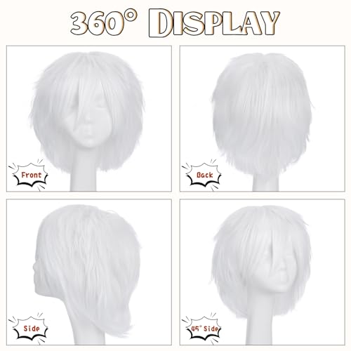 Image of S-noilite Unisex Short White Cosplay Wigs Fluffy Shaggy Wig Short Straight Pixie Wigs for Women Mens for Anime Party Comic Costume Party Heat Resistant Synthetic Hair Wig White