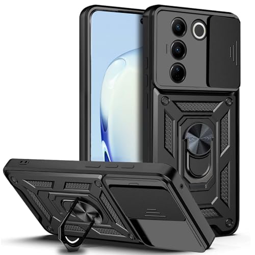 Image of AESTMO Polycarbonate Tough Armor Vivo V27 Bumper Back Case Cover|Ring Holder&Sliding Camera Shield Cover|360 Degree Protection Back Case Cover for Vivo V27(Black)