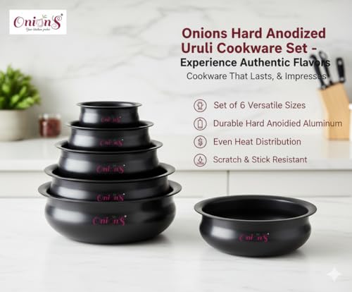 Image of Onions India Gold Hard Anodized Uruli Set of 6 | Traditional Black Cookware | Heat-Even Cooking, Scratch-Resistant & Easy to Clean Kitchen Cookware, Capacity - 1 L, 1.5 L, 2 L, 2.5 L, 3 L, and 4 L.
