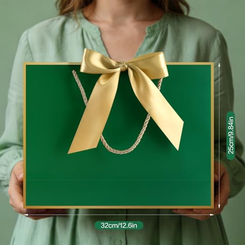 Image of JMANNI Gift Bags with Handles, 13 inch Medium Gift Bag for Presents, 1 Pcs Bags with 2 Tissue Paper and 1 Cards for Baby Shower Wedding Bridal Shower Mother's Day Birthday Party (DarkGreen-Gold