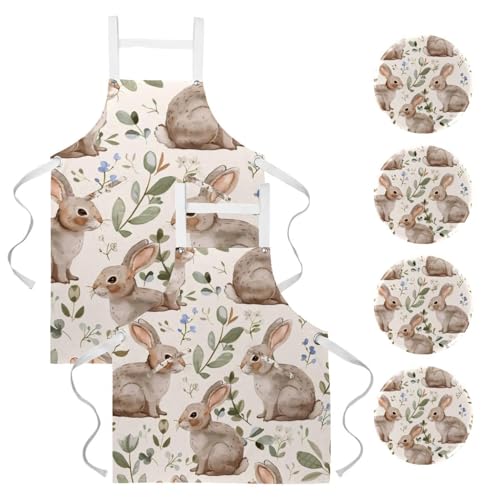 Lot de 2 tabliers de cuisine avec 4 broches, motifs lapins et fleurs, taille unique
