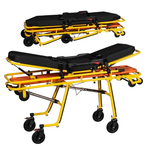 Aluminum Alloy Ambulance Stretcher with Automatic Loading Folding Stretcher Gurney Bed 440 Lbs Capacity Medical Transport Trolley with Adjustable Backrest Smooth Rolling Wheels