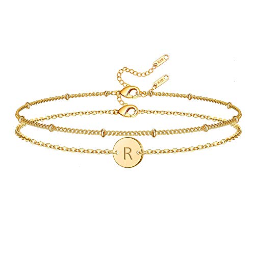 Glimmerst Initial Bracelet for Women 18K Gold Plated Stainless Steel Layered Coin Letter Bracelet Beaded Chain Personalized Name Bracelet R Gold