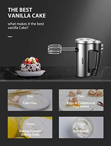 AICOK Hand Mixer Electric 2019 Durable Version 6 Speed Powerful Handheld Mixer Food and Cake Electric Mixer with Turbo and Easy Eject Button Stainless Steel Body, Beaters and Dough Hooks (Renewed)