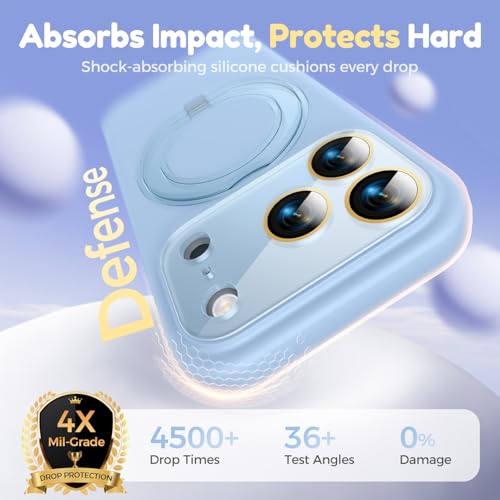 Image of Silicone 360 Spin Magnetic Stand Case for iPhone 17 Pro, [Compatible with Mag-Safe][Reinforced Hard Camera Protection] Liquid Silicone Rubber Phone Case Cover with Ring, Camera Button, Sky Blue