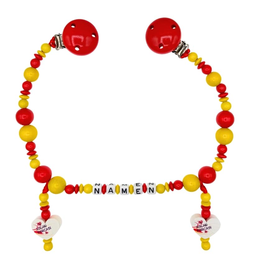 Set Nuckelkette + Kinderwagenkette mit Namen " für GALATASARAY Fan - ASLAN PARCASI " Rot Gelb/Baby/Unisex/Personalisiert/HANDMADE