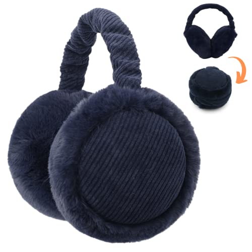 Zeltauto Women’s Winter Earmuffs Adjustable Foldable Faux Fur Plush Ear Warmer Full Ear Surrounded (Navy Blue)