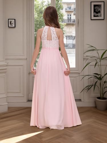 Chiffon Lace Applique Junior Bridesmaid Flower Girl Dress for Wedding A-Line Halter Long Party Prom Gowns3