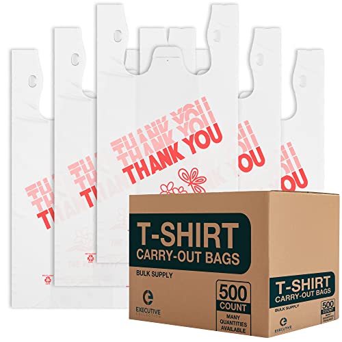 T Shirt Bags - White Plastic Bags with Handles - Shopping Bags for Small Business, Grocery Bags, Take Out / To Go Bags for Restaurant, Disposable Tshirt Bags for Retail (500)