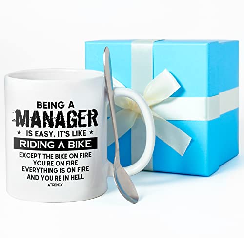 TRIENCY Kaffeebecher mit Aufschrift "Being A Manager is Easy It's Like Riding A Bike" | Geburtstagstasse Geschenk für Chef Manager, CEO, Leader von Mitarbeitern, Kollegen | Weiße Keramik, 330 ml Cover