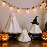 Halloween Ghost Decorations Indoor: 3ct Light Up Ceramic Ghost Decor, Cute Halloween Decor Figurines with LED Tea Lights for Table Desk Tiered Tray Mantel Home Office Home Farmhouse Girls Kids Party