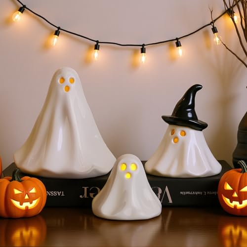 Halloween Ghost Decorations Indoor: 3ct Light Up Ceramic Ghost Decor, Cute Halloween Decor Figurines with LED Tea Lights for Table Desk Tiered Tray Mantel Home Office Home Farmhouse Girls Kids Party