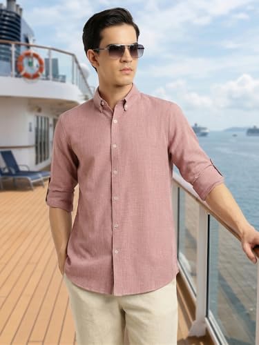 Image of Thomas Scott Men's | Solid | Textured Fabric | Full Sleeve | Slim Fit | Polyester-Blend | Spread Collar | Casual Shirt
