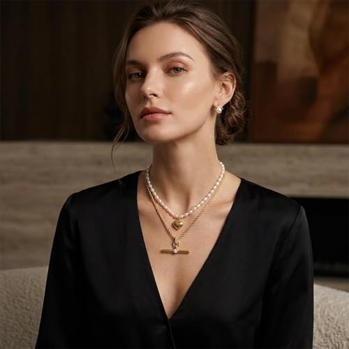 Image of Jeulia Layered Necklaces for Women Trendy Retro T Bar Pendant Pearl Necklaces Stack Trendy Pendant Necklaces Dainty Chain Choker Necklaces for Jewelry Birthday Gifts