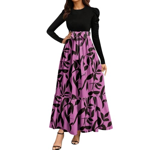 Herbstkleid Damen Elegant Langarm Abendkleider Rundhals Maxikleid A-Linie Boho Blumenkleid Casual Tunika Kleid Hohe Taille Wickelkleid Freizeitkleid...