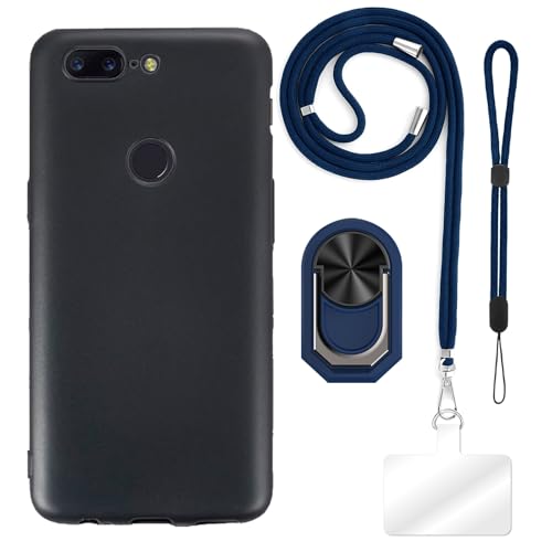 ESCAMOT [4 en 1] Funda Compatible con Oneplus 5T con Lanyard, Correa de Mano y Anillo, Funda Protectora Antigolpes Kit de Viaje (Conjunto Azul)