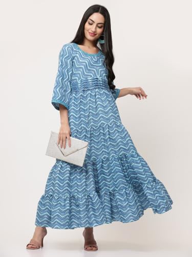 Image of SAVI Women's Pink Cotton Printed Tiered Maxi Dress | Round Neck | 3 /4 Sleeves | Gathered Waist | Flared Long Dress | Casual & Ethnic Wear