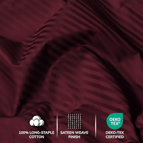 Image of Feather & Stitch 500 TC Split King Size Sheet Set, 5 Piece Sheets Set-2 Twin Fitted Sheet, 1 King Flat Sheet & 2 King Pillowcases, 18 inch Deep Pockets Sateen Weave Striped Bedsheet - (Burgundy Stripe)