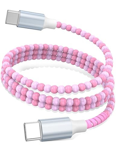 Image of USB C to USB C Cable 3FT,60W Fast Charging Beaded Charger Cord for iPhone 17 16 15 Pro Max /iPad Air 11th 10 for Samsung S26 S25 Ultra S24 S23 A16 /Android Phone Charger Cord Cute Girls Women,Light-Pink