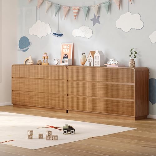 Image of BORNOON Dresser for Bedroom with 9 Drawers, Fluted Chest of Drawers with Round Curved Corner, Hidden Handles, Modern Wood Storage Organizer for Bedroom, Nursery, Living Room