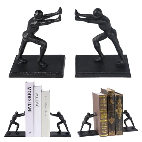 Notakia Man Decorative Vintage Cast Iron Bookends, Heavy Duty Decorative Book Ends for Shelves and Desk, Unique Antique Black Pushing Person Shape Book Holders, Cute Office and Home Decor