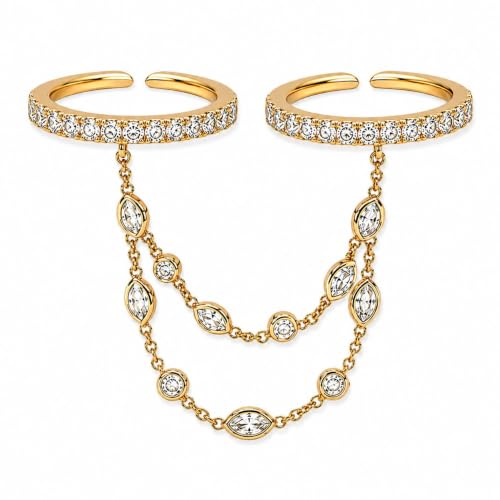 Someki Chain Ring for Women Gold Teardrop Chunky Cubic Zirconia Dangle Ring Two Finger Rings Adjustable Statement Wedding Engagement Rings Fashion Jewelry Outfits Anniversary Birthday Gift
