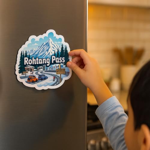 Image of Naxon Rohtang Pass Manali Theme Souvenir Wooden Fridge Magnet | Snow Mountains & Himalayan Pass Design 3x3In Refrigerator Magnet for Kitchen, Home Decor | Travel Gift from Himachal Pradesh | Pack of 1