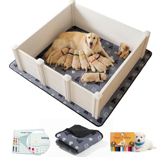 Whelping Box for Dogs, Whelping Box for Puppies with Pee Pad, Puppy Collars and Growth Record Sheets, Easy-Clean & Durable Puppy Playpen, Dog Welping Supplies, 48