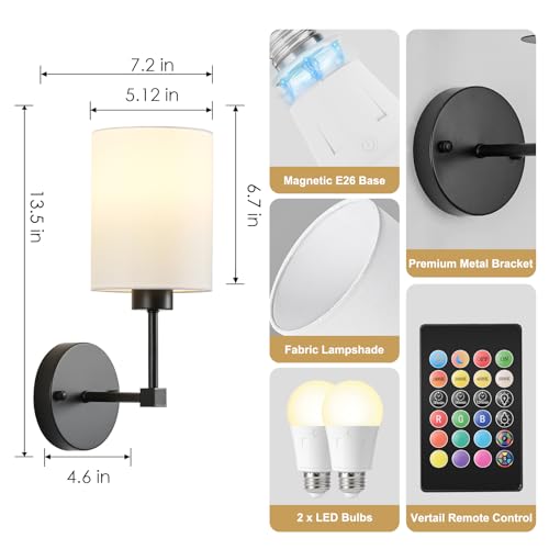 Image of Battery Operated Wall Sconce Set of Two,Wireless Rechargeable Wall Light With Remote Control, Dimmable, 1800K /3000K /4000K /6000K /RGB, Timer, for Living Room, Bedroom, Fireplace, TV, 13.5 Inch, Black